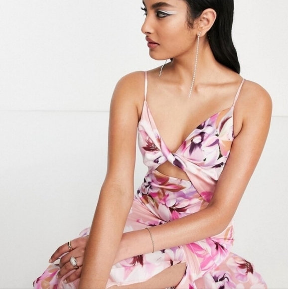 Liquorish ASOS Formal Satin Twist-Front Maxi Dress Pinks Cutout Slit Sz 8 NWT - Picture 4 of 16